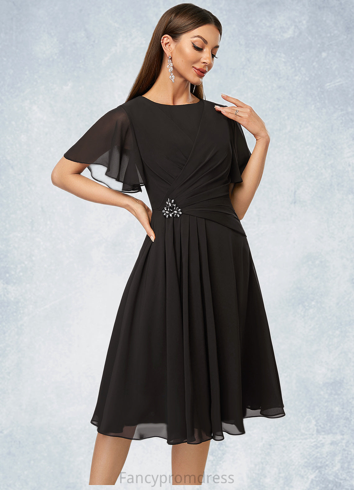 Tracy A-line Scoop Knee-Length Chiffon Cocktail Dress With Beading Pleated DRP0022336