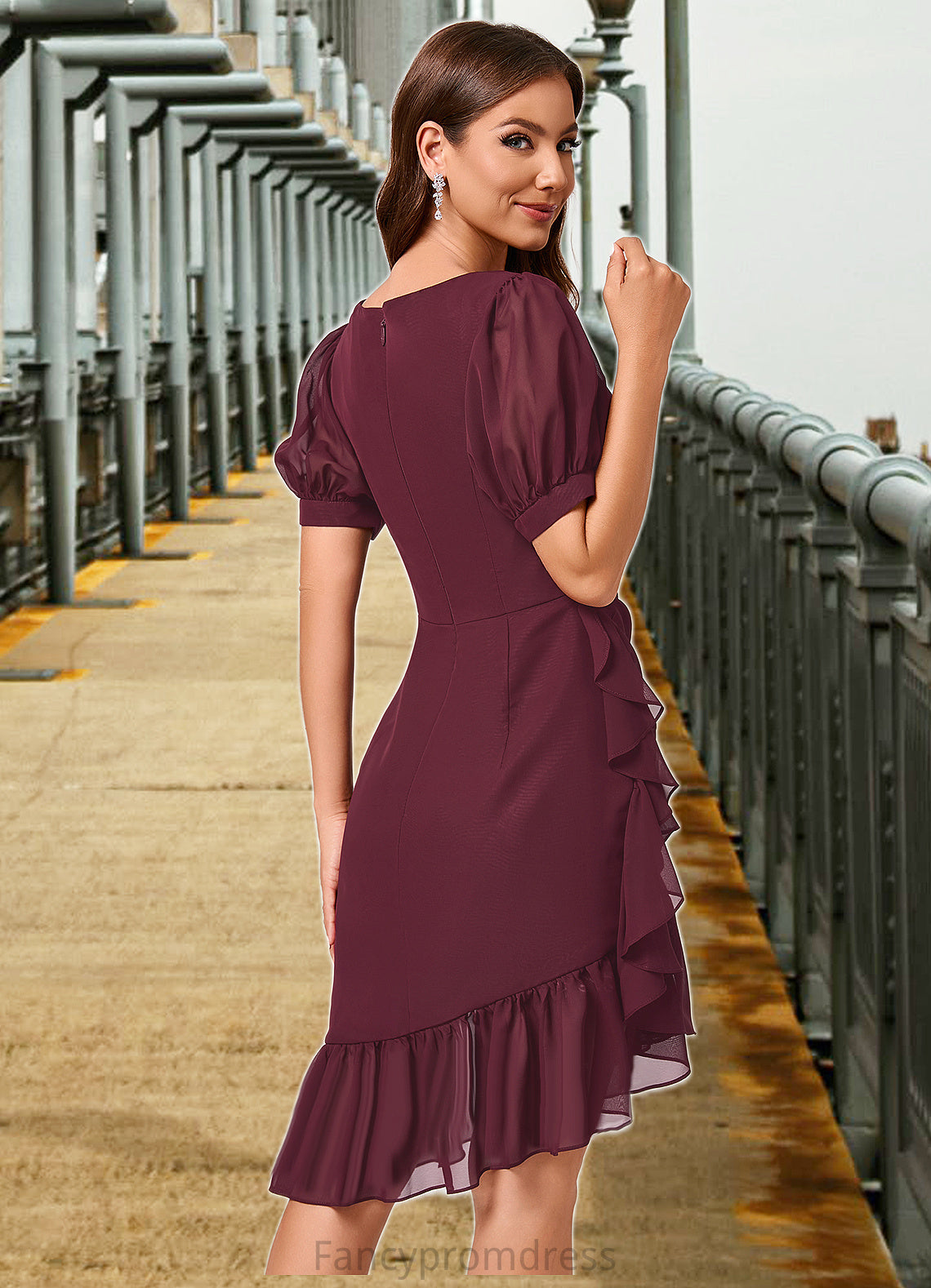 June Sheath/Column V-Neck Asymmetrical Chiffon Cocktail Dress With Cascading Ruffles Ruffle DRP0022339