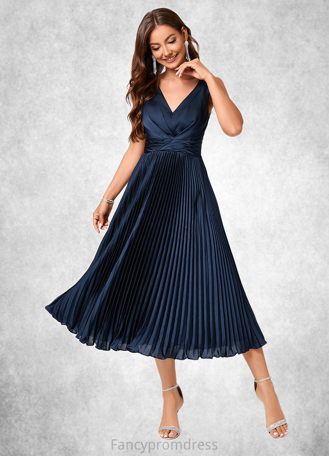 Elyse A-line V-Neck Tea-Length Silky Satin Cocktail Dress With Pleated Ruffle DRP0022341