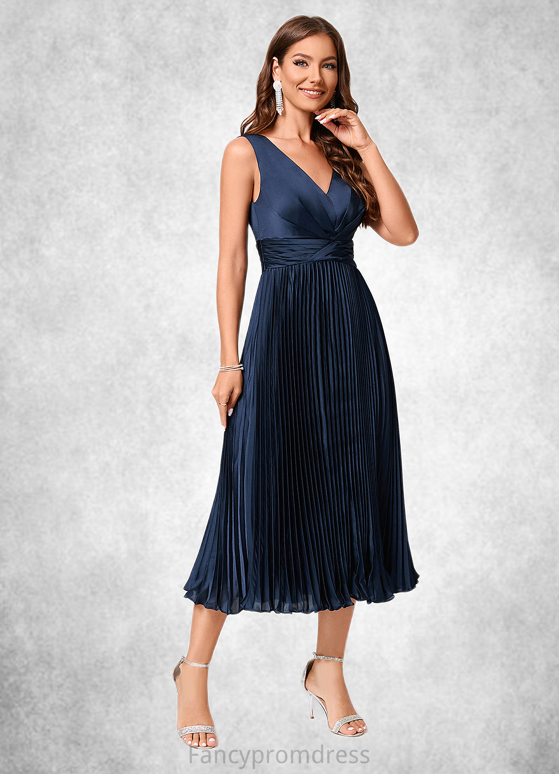 Elyse A-line V-Neck Tea-Length Silky Satin Cocktail Dress With Pleated Ruffle DRP0022341