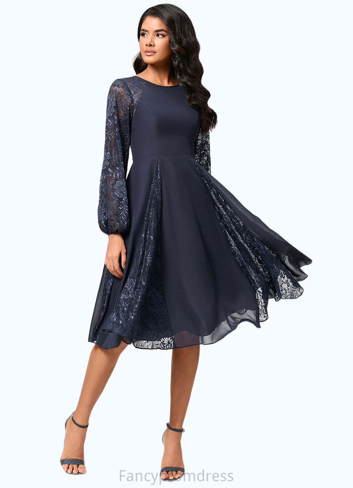 Averie A-line Scoop Knee-Length Chiffon Lace Cocktail Dress DRP0022347