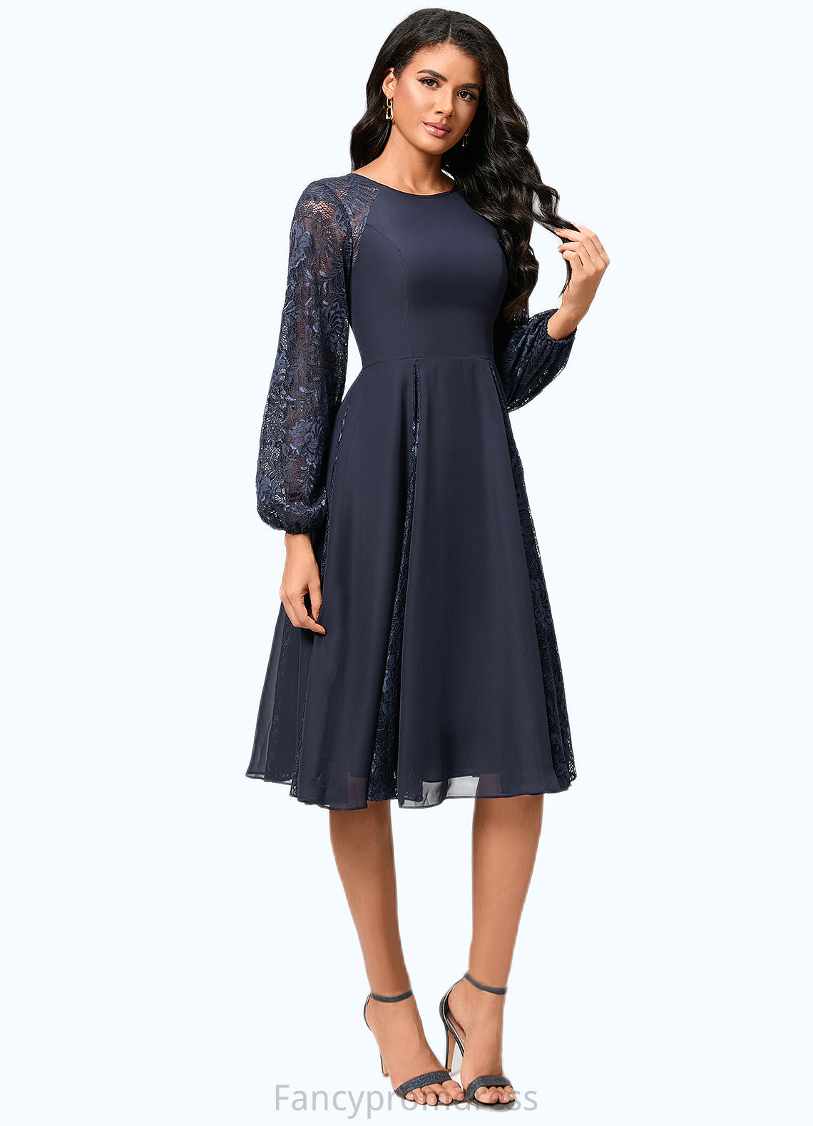 Averie A-line Scoop Knee-Length Chiffon Lace Cocktail Dress DRP0022347