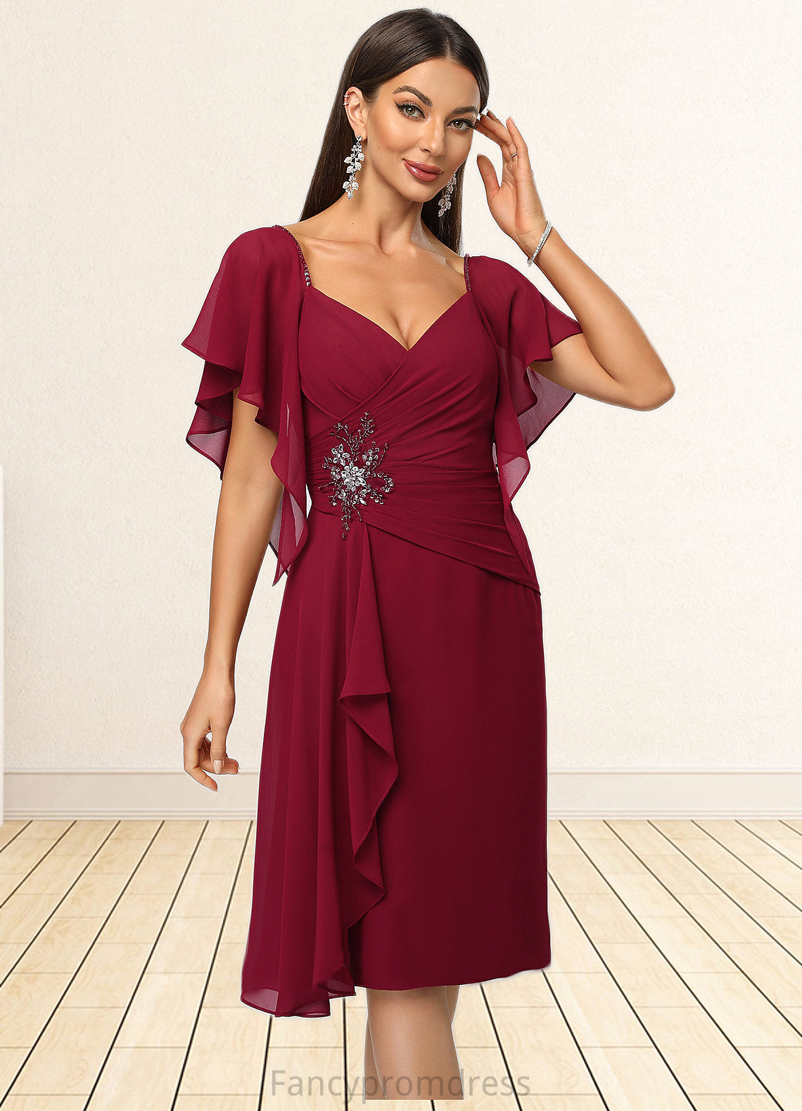 Sarai Sheath/Column V-Neck Knee-Length Chiffon Cocktail Dress With Beading Cascading Ruffles DRP0022350