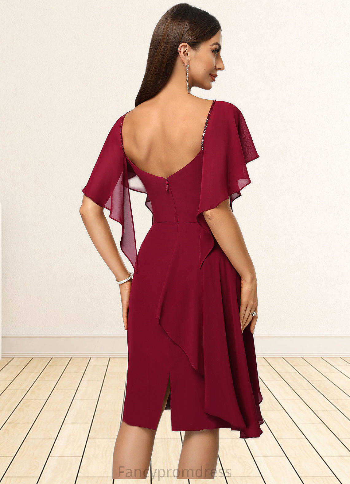 Sarai Sheath/Column V-Neck Knee-Length Chiffon Cocktail Dress With Beading Cascading Ruffles DRP0022350