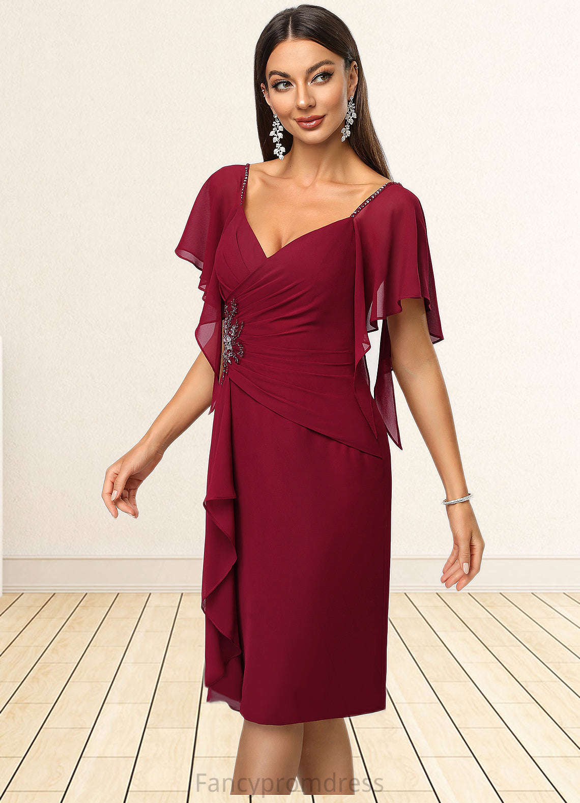 Sarai Sheath/Column V-Neck Knee-Length Chiffon Cocktail Dress With Beading Cascading Ruffles DRP0022350