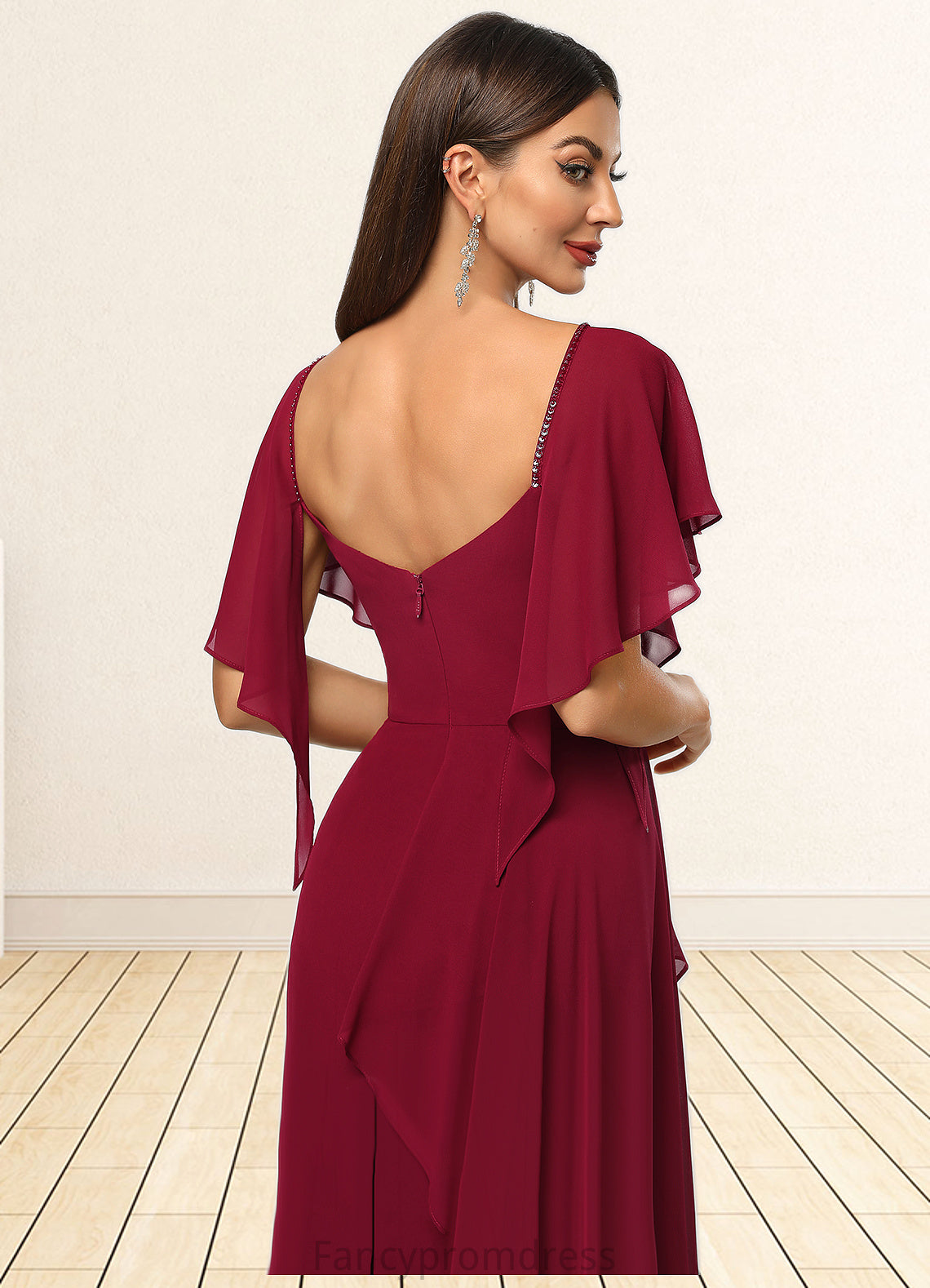 Sarai Sheath/Column V-Neck Knee-Length Chiffon Cocktail Dress With Beading Cascading Ruffles DRP0022350