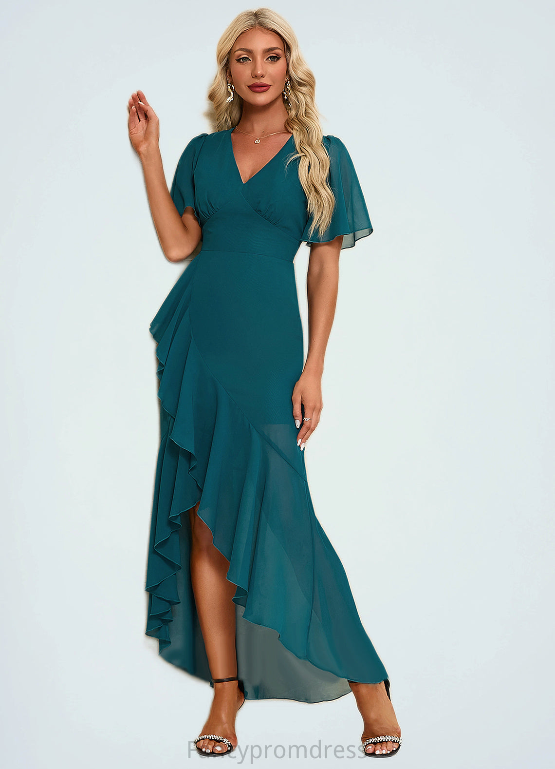 Elyse Ruffle V-Neck Elegant Trumpet/Mermaid Chiffon Asymmetrical Dresses DRP0022358