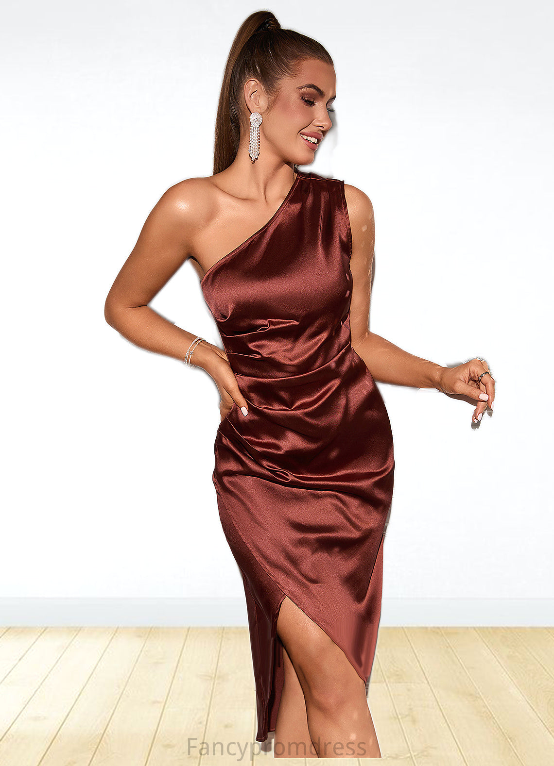 Macy Ruffle One Shoulder Elegant Sheath/Column Satin Midi Dresses DRP0022363