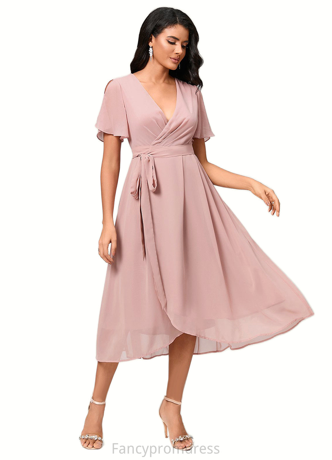 Amber A-line V-Neck Asymmetrical Chiffon Cocktail Dress With Bow Pleated DRP0022368