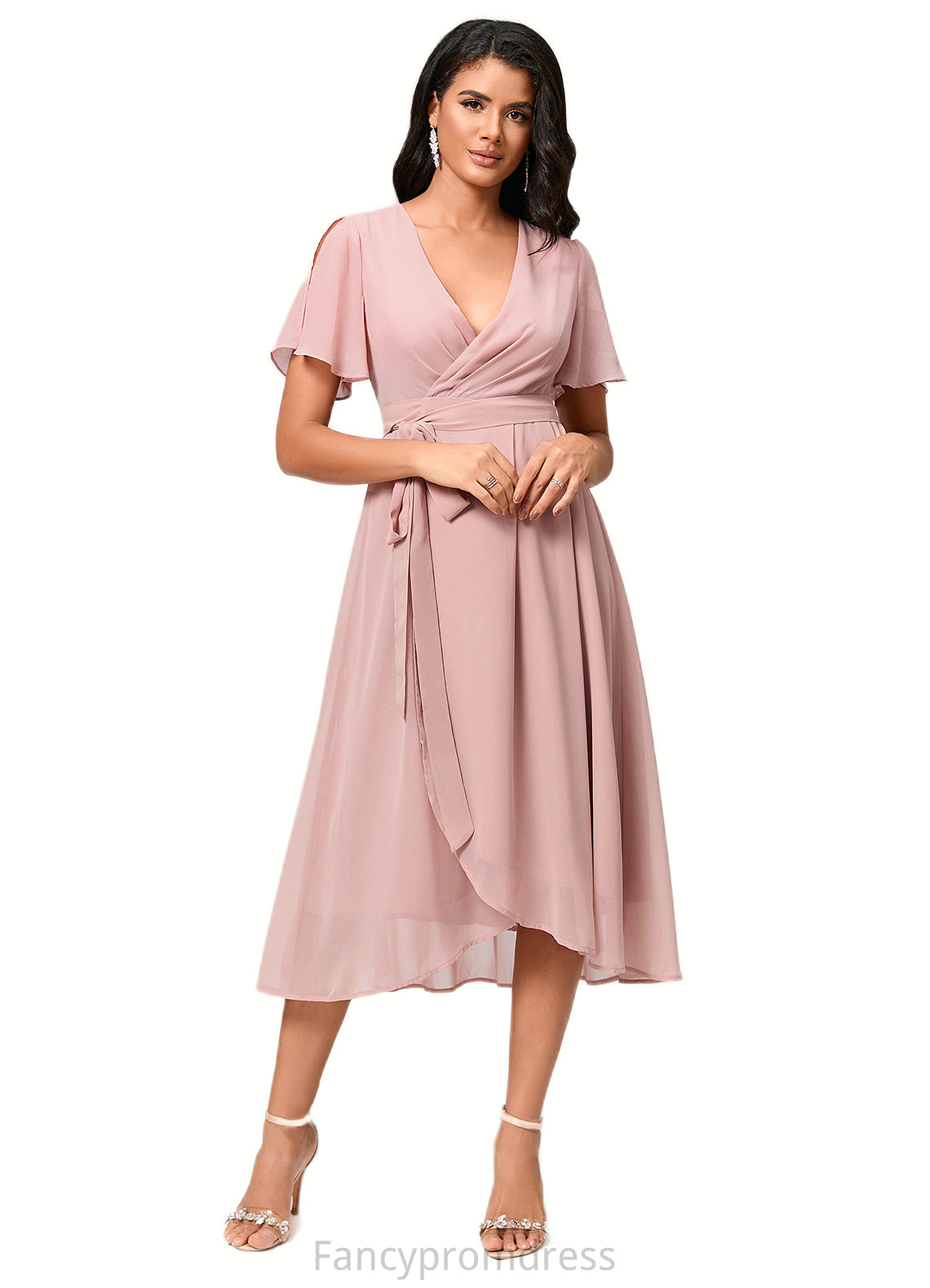 Amber A-line V-Neck Asymmetrical Chiffon Cocktail Dress With Bow Pleated DRP0022368