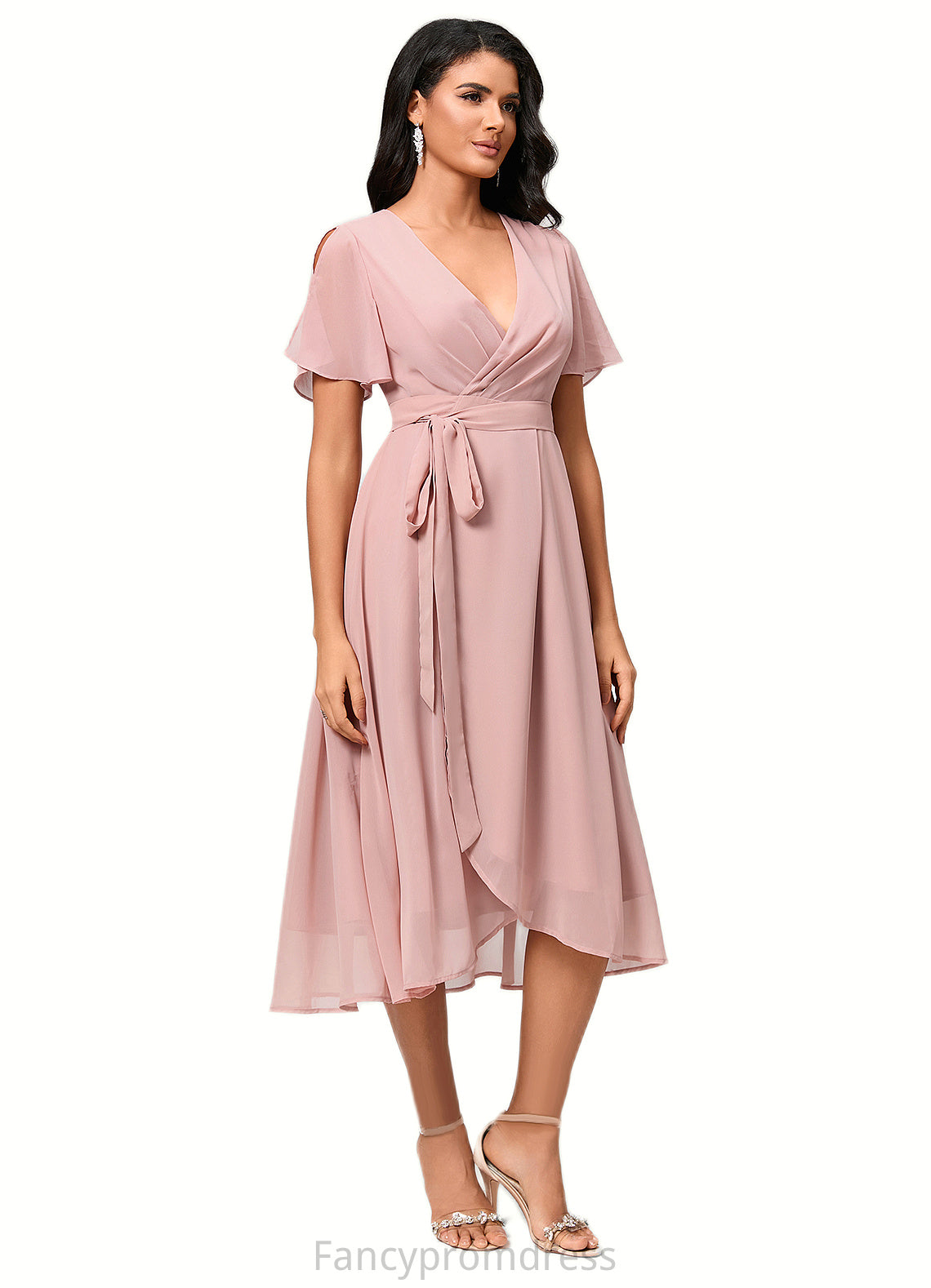 Amber A-line V-Neck Asymmetrical Chiffon Cocktail Dress With Bow Pleated DRP0022368