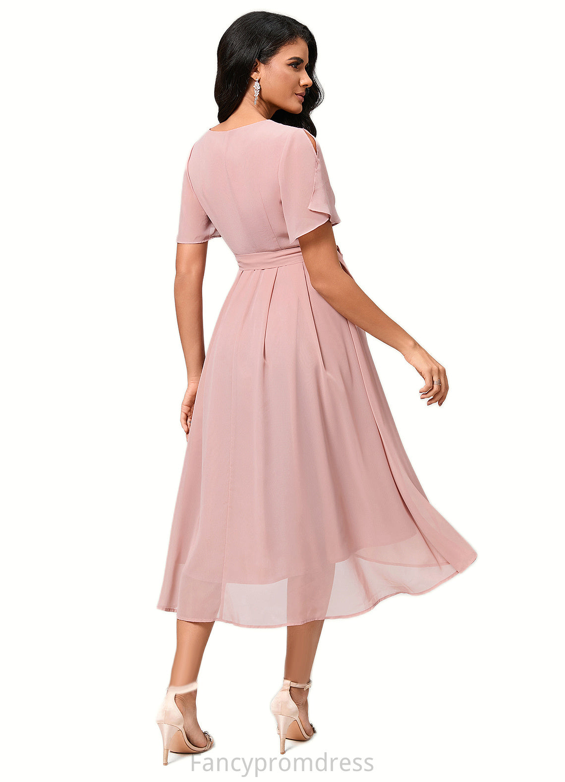 Amber A-line V-Neck Asymmetrical Chiffon Cocktail Dress With Bow Pleated DRP0022368