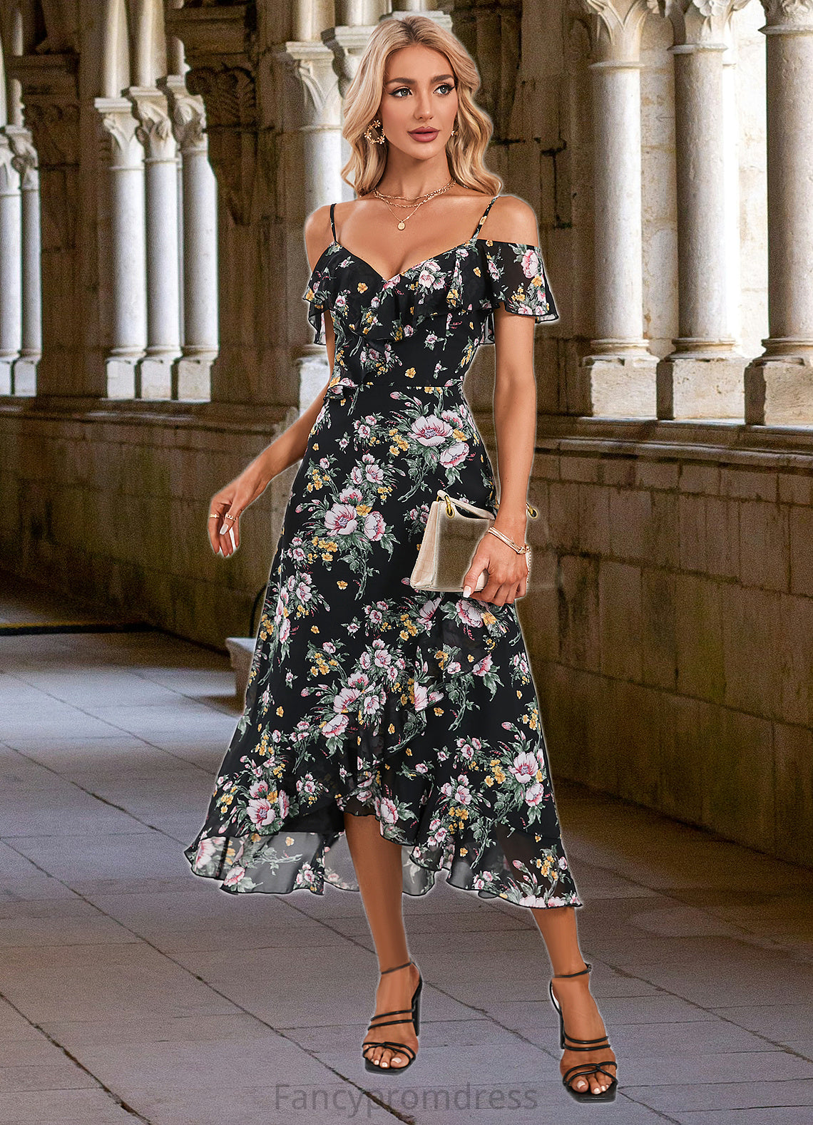 Charlee Floral Print Cold Shoulder Elegant A-line Chiffon Asymmetrical Dresses DRP0022369