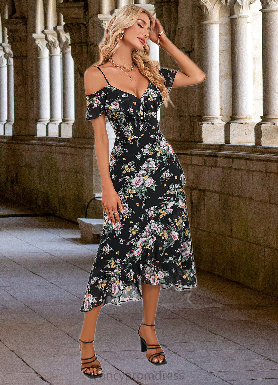 Charlee Floral Print Cold Shoulder Elegant A-line Chiffon Asymmetrical Dresses DRP0022369