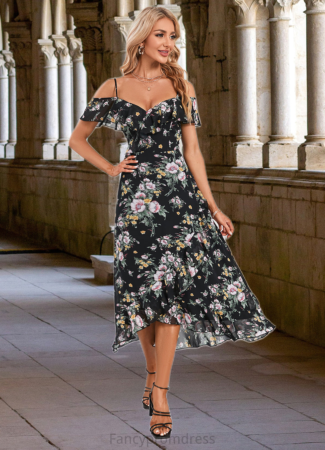 Charlee Floral Print Cold Shoulder Elegant A-line Chiffon Asymmetrical Dresses DRP0022369