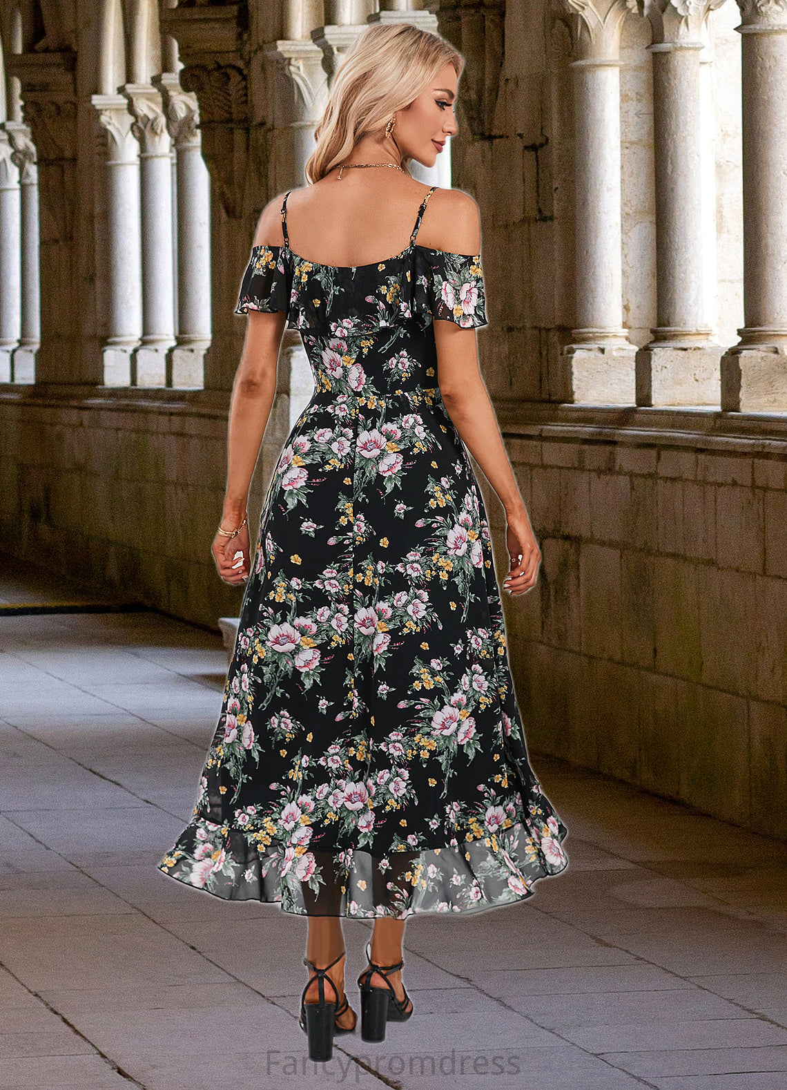 Charlee Floral Print Cold Shoulder Elegant A-line Chiffon Asymmetrical Dresses DRP0022369