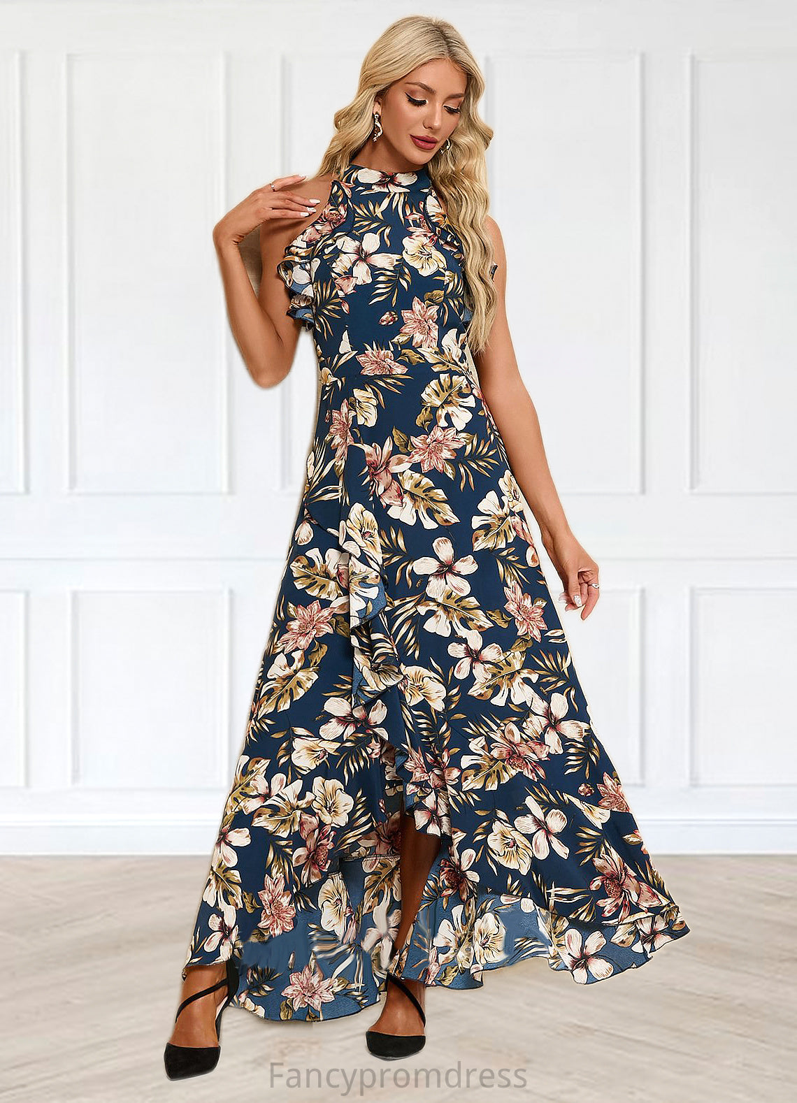 Viviana Ruffle Floral Print High Neck Elegant A-line Polyester Asymmetrical Dresses DRP0022373