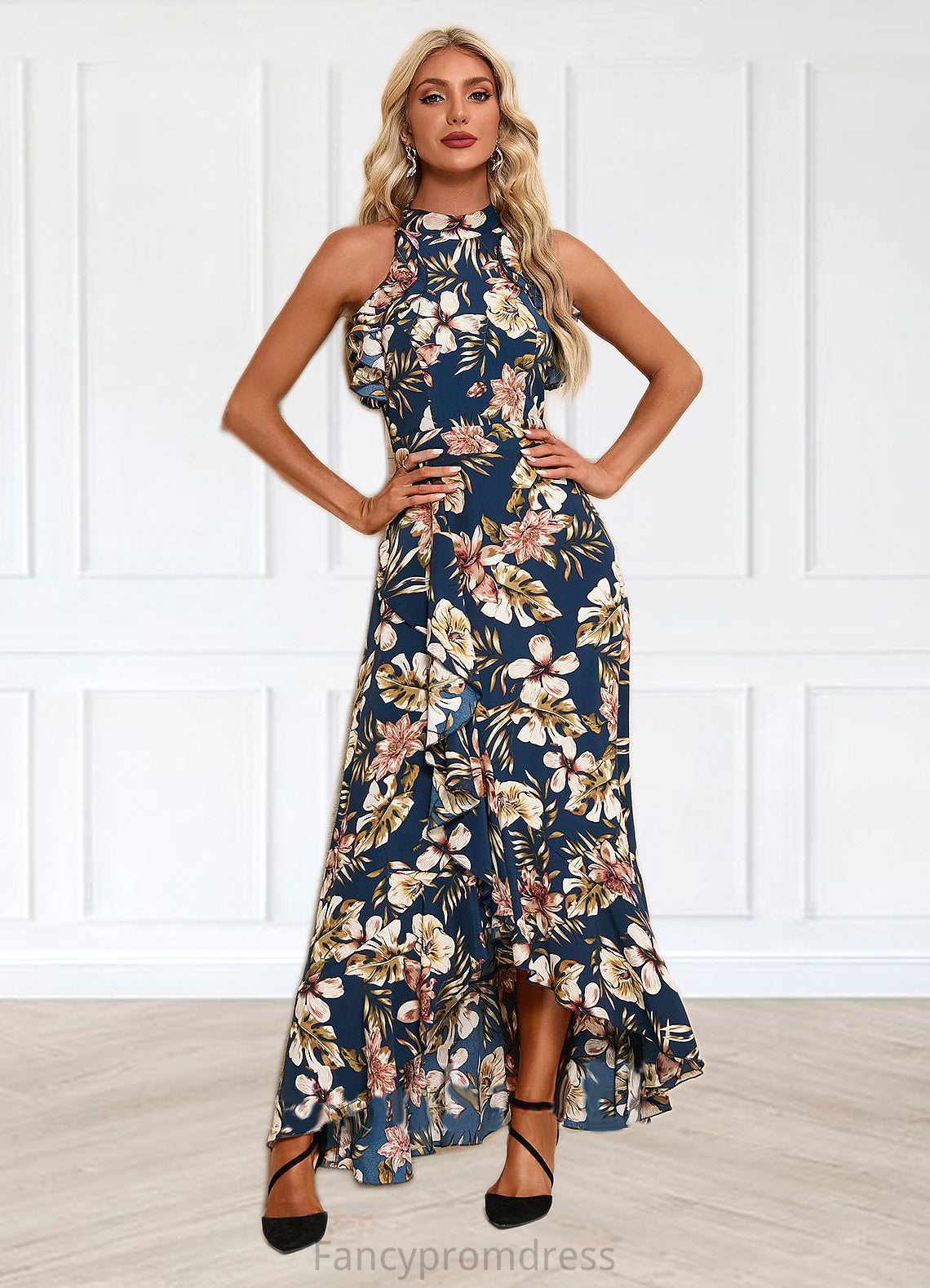 Viviana Ruffle Floral Print High Neck Elegant A-line Polyester Asymmetrical Dresses DRP0022373