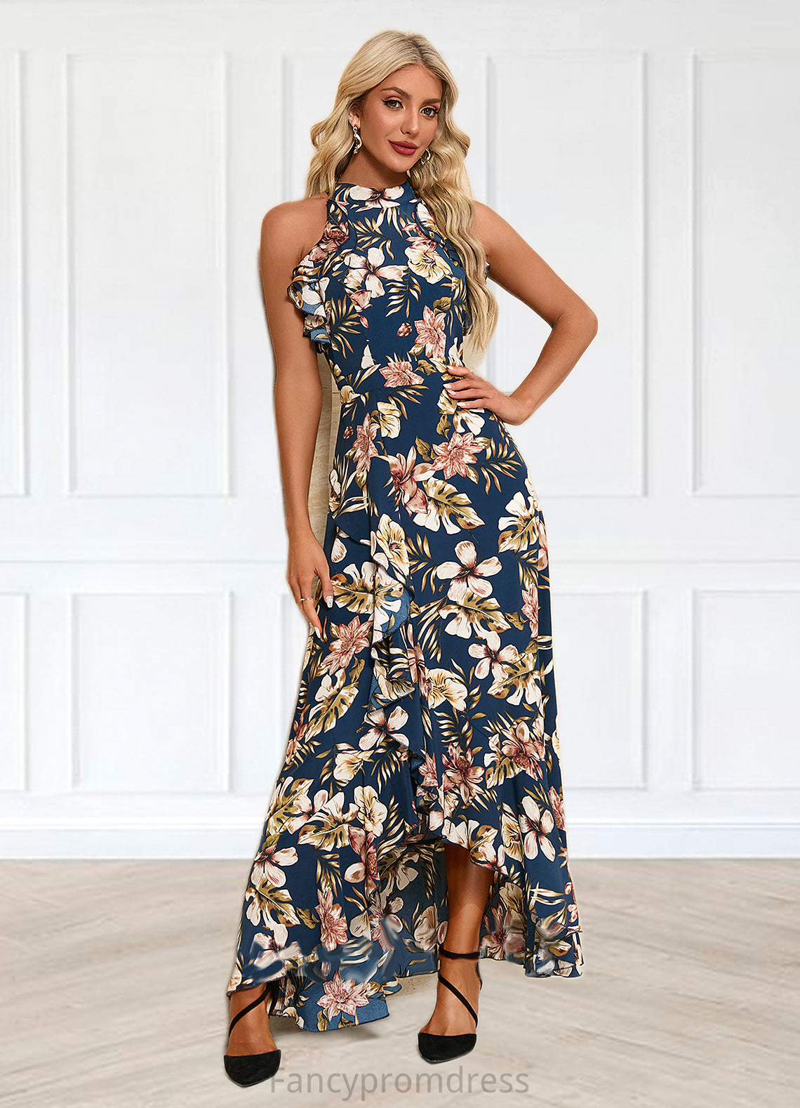 Viviana Ruffle Floral Print High Neck Elegant A-line Polyester Asymmetrical Dresses DRP0022373