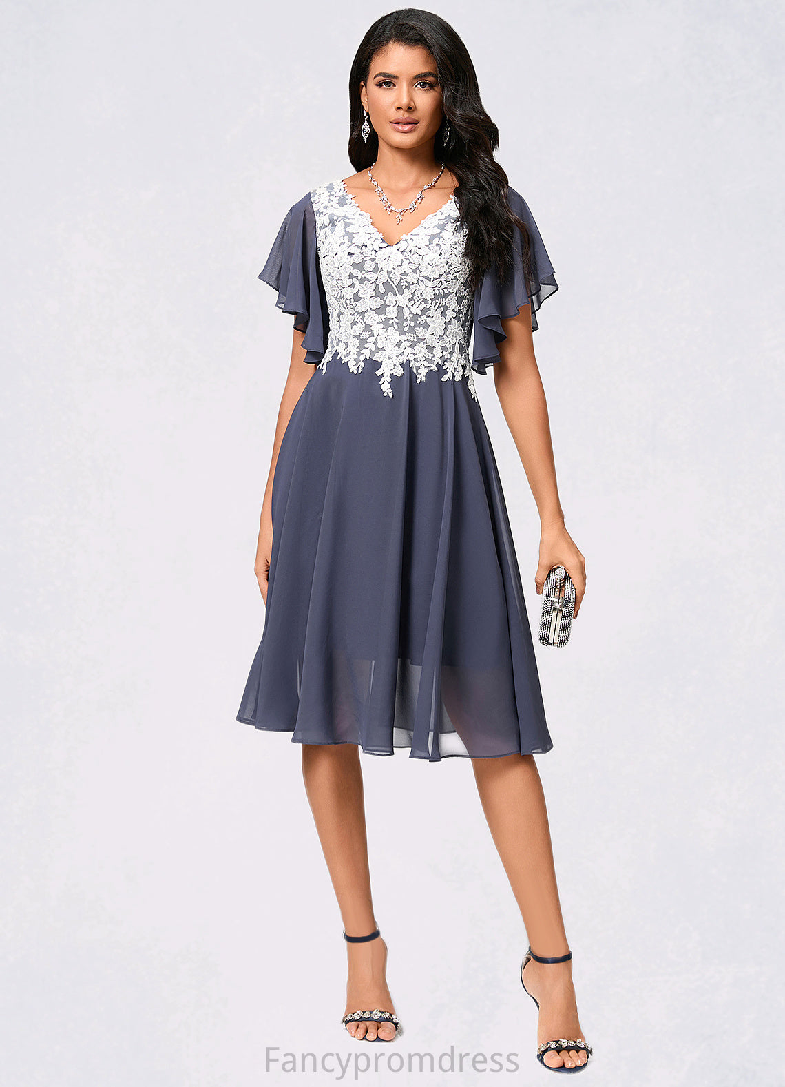 Aiyana A-line V-Neck Knee-Length Chiffon Lace Cocktail Dress DRP0022376