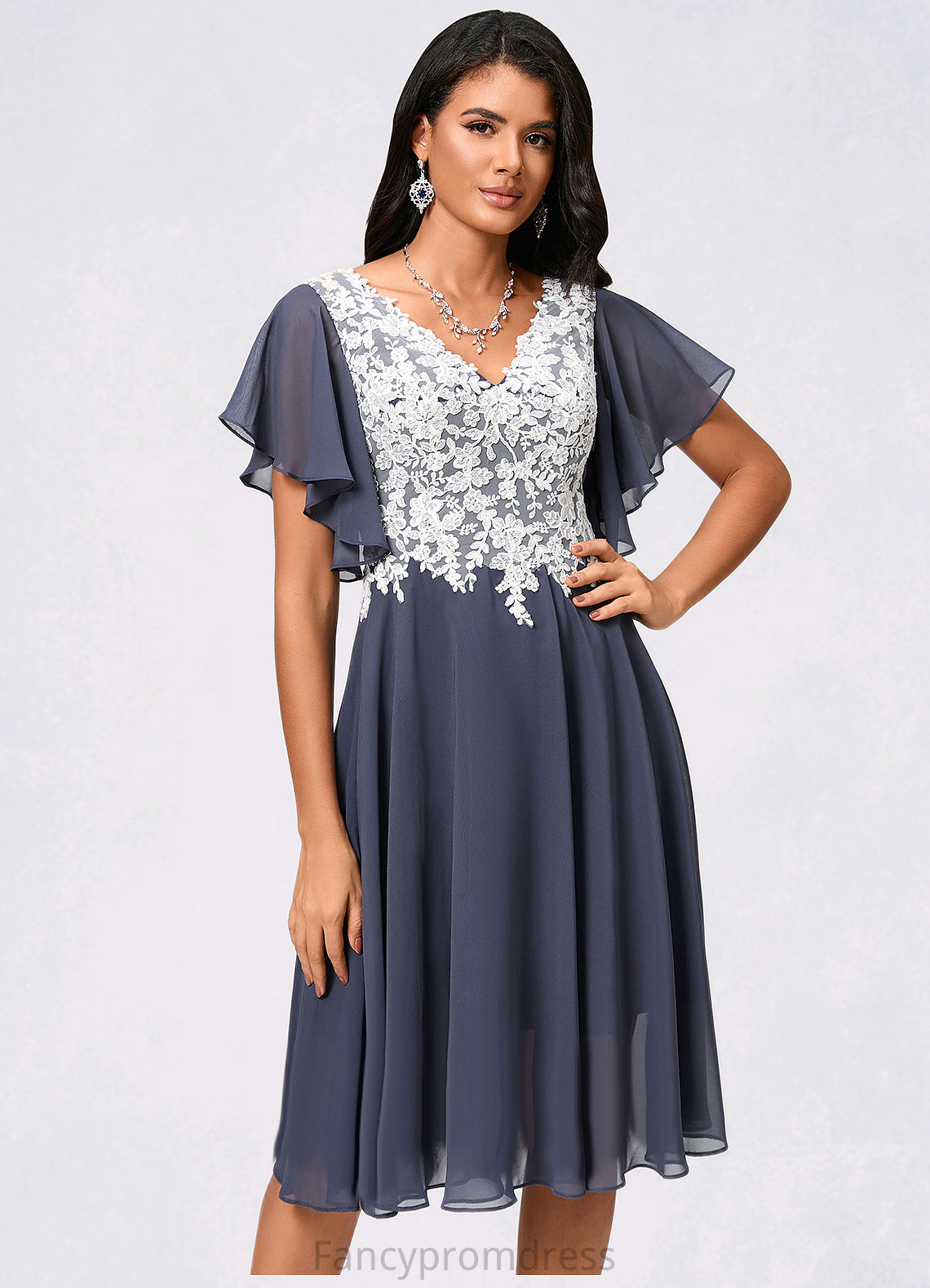 Aiyana A-line V-Neck Knee-Length Chiffon Lace Cocktail Dress DRP0022376