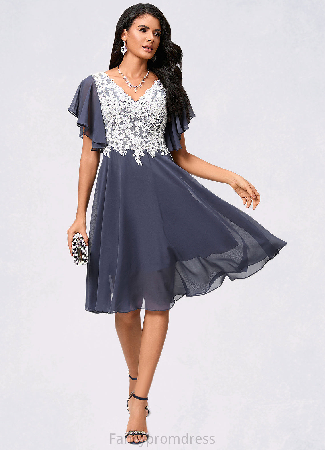 Aiyana A-line V-Neck Knee-Length Chiffon Lace Cocktail Dress DRP0022376