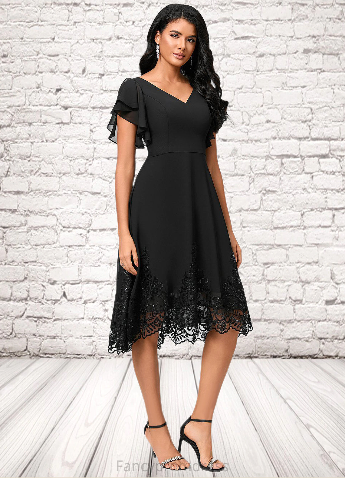 Jaida A-line V-Neck Asymmetrical Chiffon Lace Cocktail Dress With Sequins DRP0022377