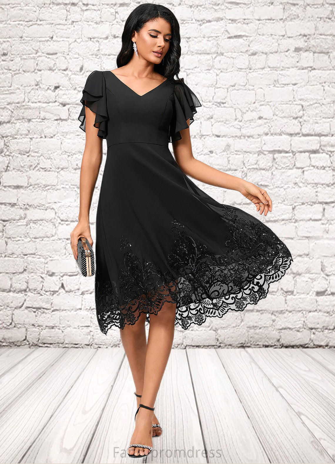 Jaida A-line V-Neck Asymmetrical Chiffon Lace Cocktail Dress With Sequins DRP0022377