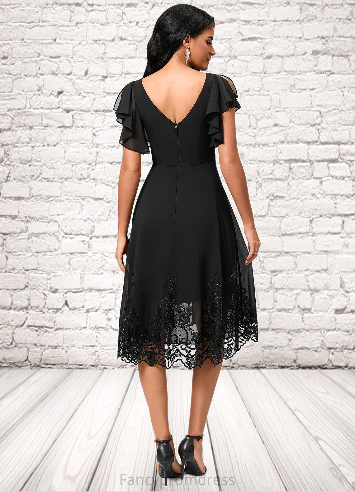 Jaida A-line V-Neck Asymmetrical Chiffon Lace Cocktail Dress With Sequins DRP0022377