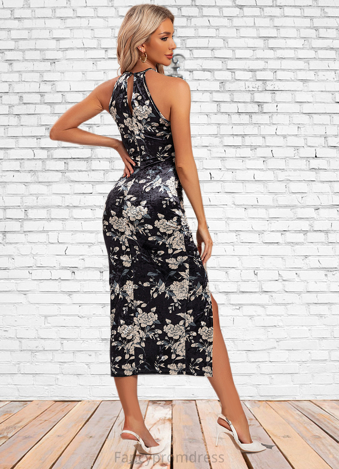 Cheryl Floral Print Halter Elegant Bodycon Velvet Asymmetrical Dresses DRP0022380