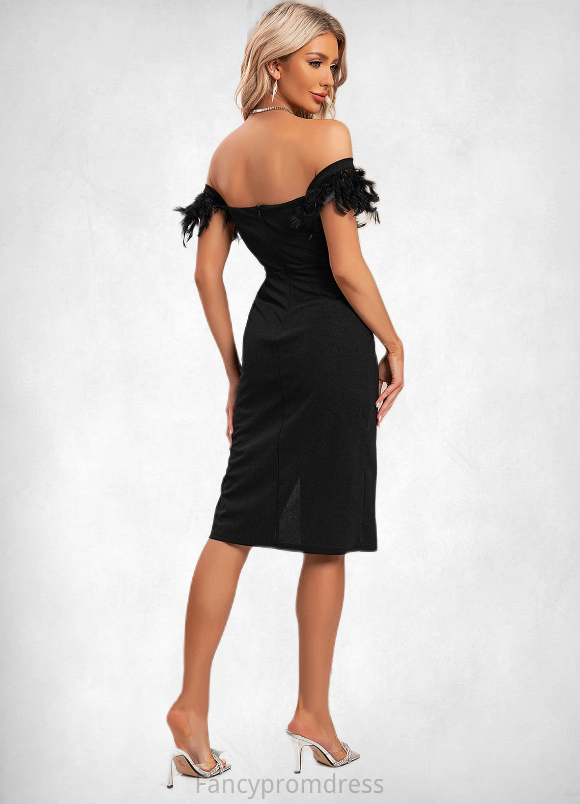 Cornelia Faux Feather Off the Shoulder Elegant Sheath/Column Polyester Midi Dresses DRP0022381