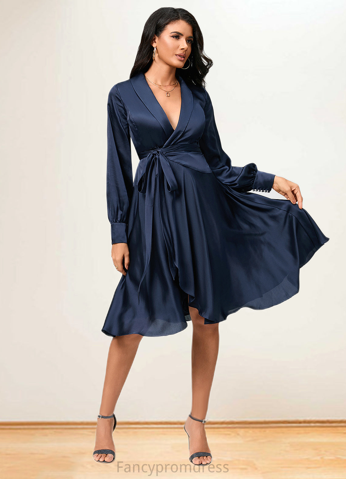 Sheila A-line V-Neck Asymmetrical Silky Satin Cocktail Dress With Bow DRP0022385