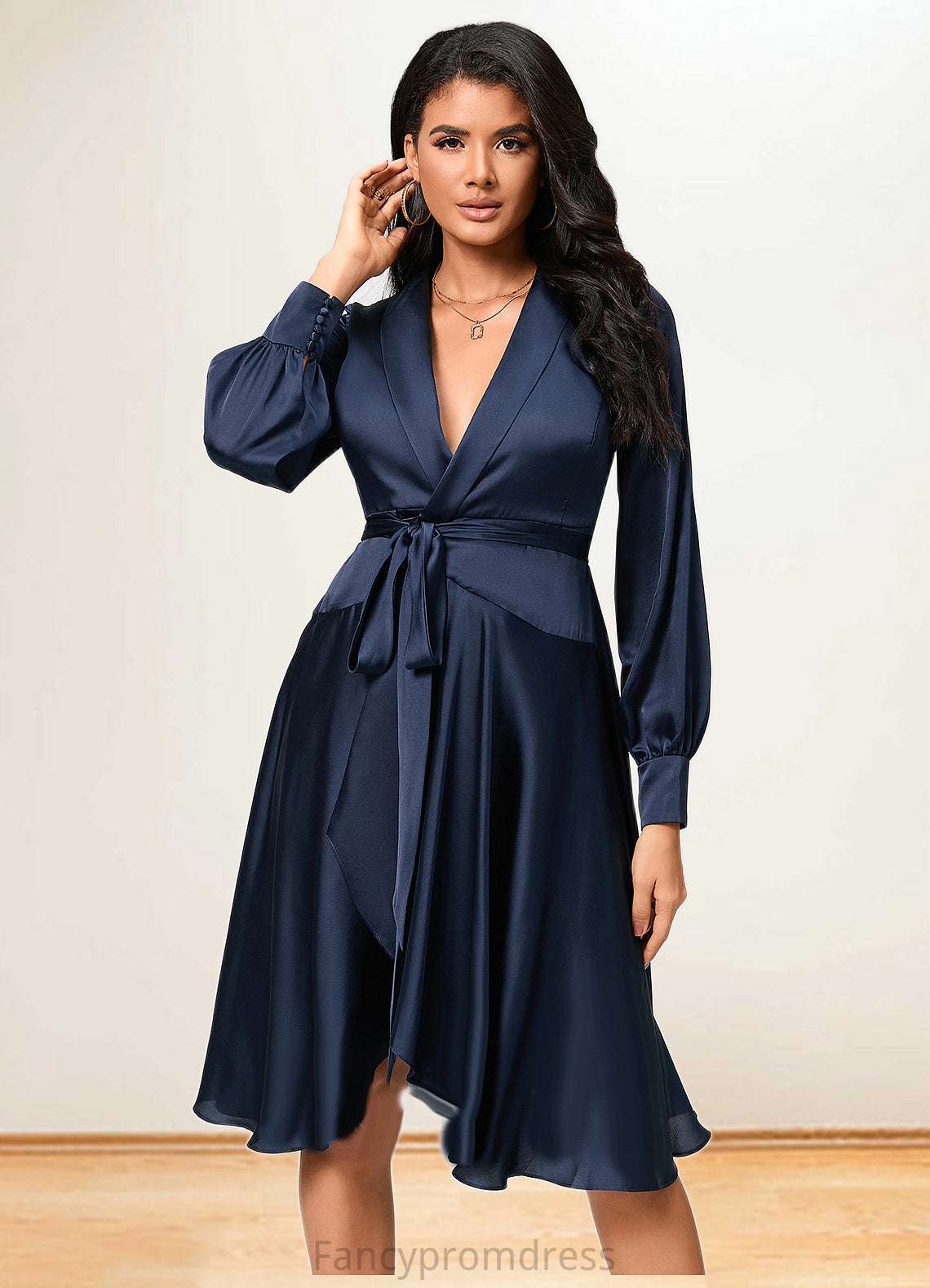 Sheila A-line V-Neck Asymmetrical Silky Satin Cocktail Dress With Bow DRP0022385