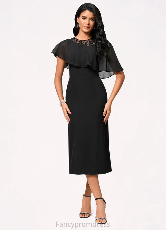 Shyla Sheath/Column Scoop Tea-Length Chiffon Cocktail Dress With Appliques Lace DRP0022388