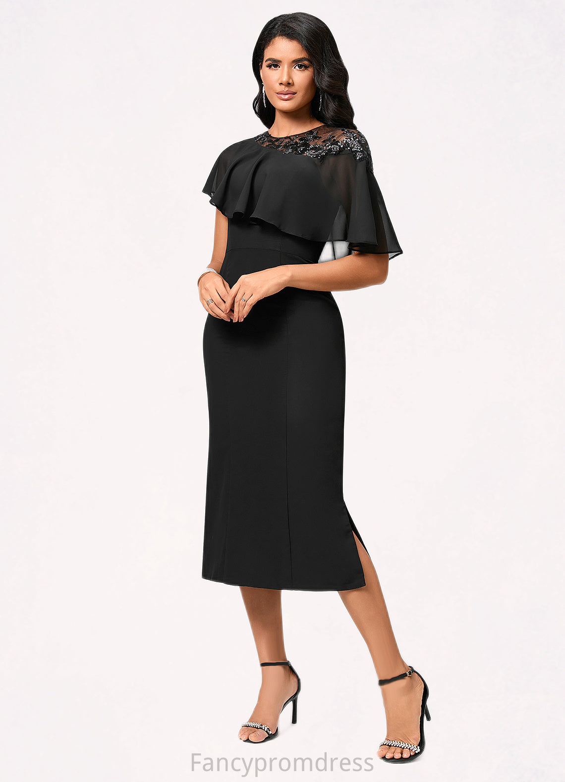 Shyla Sheath/Column Scoop Tea-Length Chiffon Cocktail Dress With Appliques Lace DRP0022388