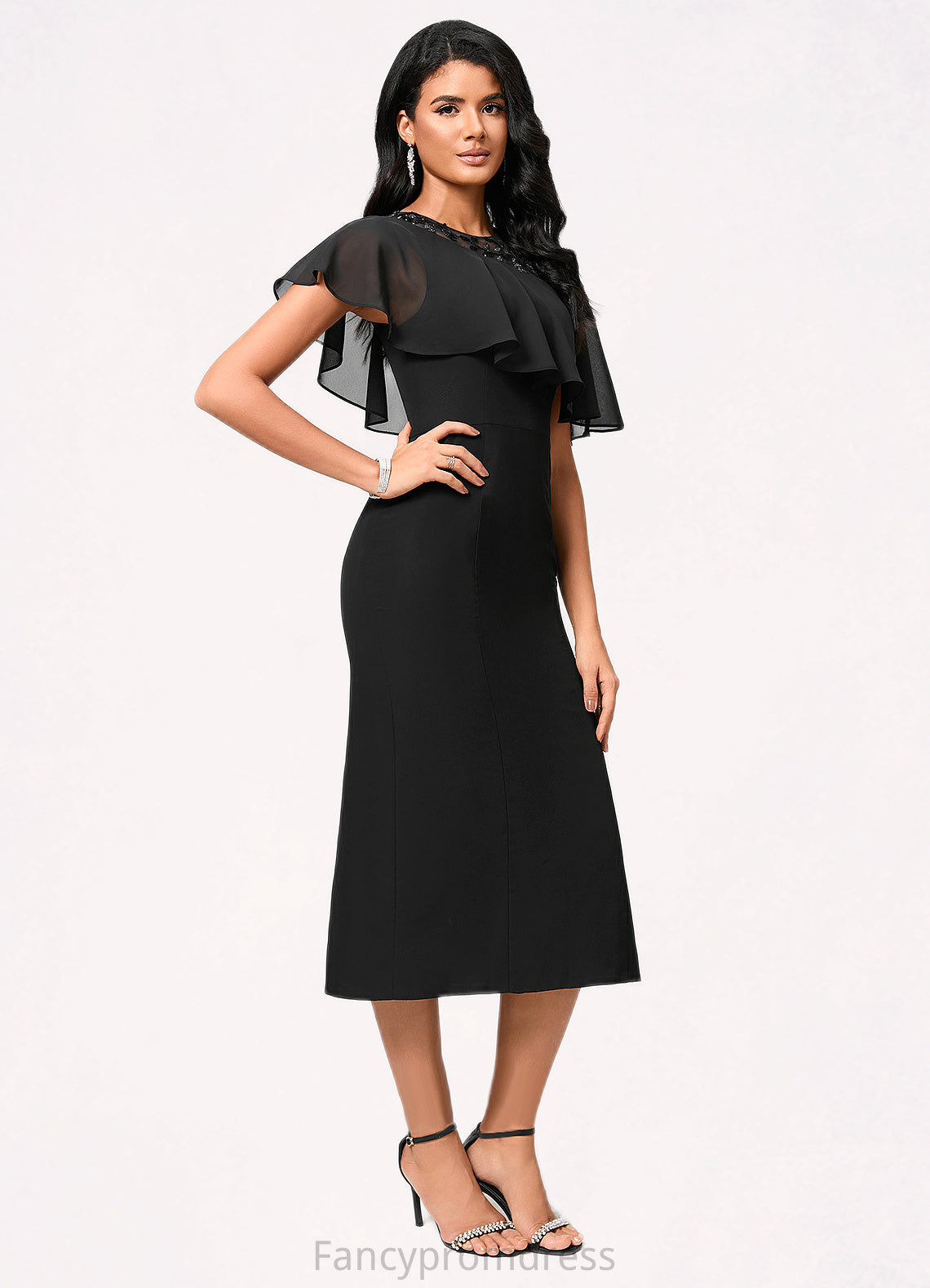 Shyla Sheath/Column Scoop Tea-Length Chiffon Cocktail Dress With Appliques Lace DRP0022388