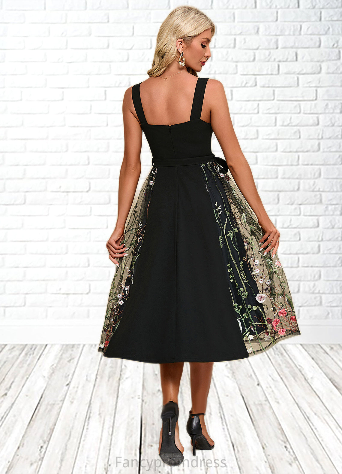 Aliyah Flower Jacquard Square Elegant A-line Polyester Tulle Midi Dresses DRP0022392