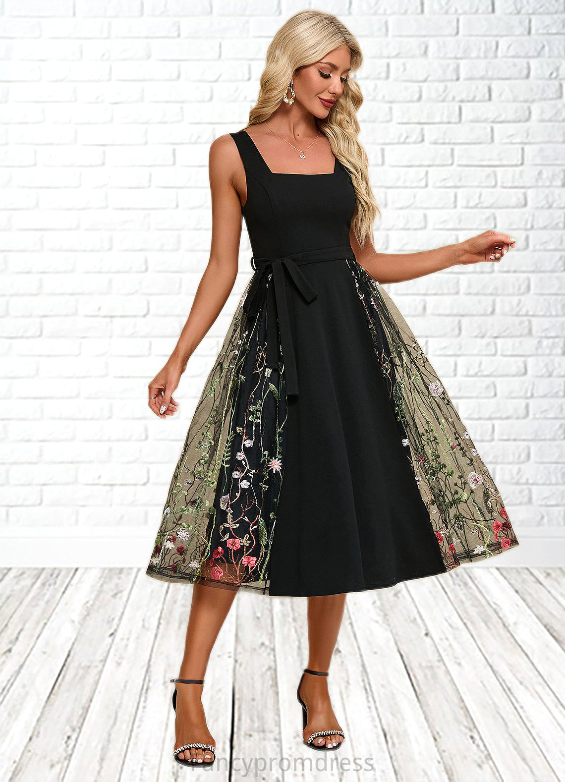 Aliyah Flower Jacquard Square Elegant A-line Polyester Tulle Midi Dresses DRP0022392