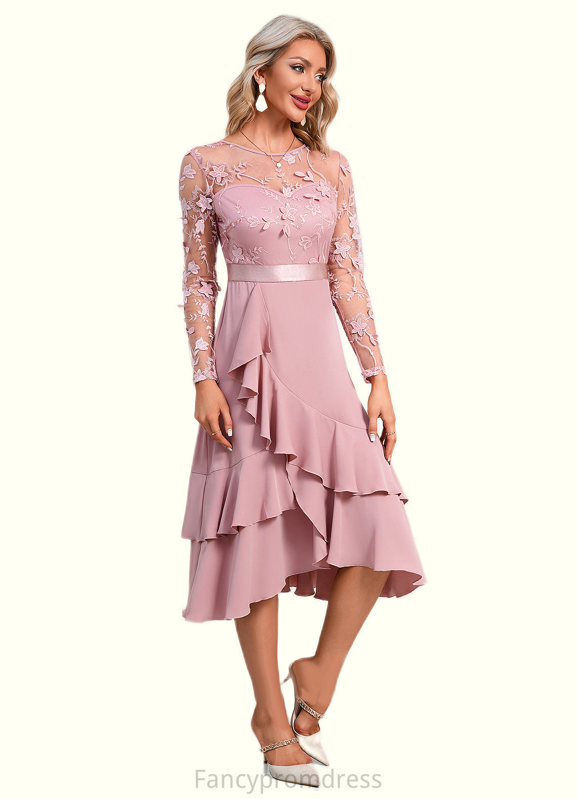 Mckayla Flower Cascading Ruffles Illusion Elegant A-line Jacquard Asymmetrical Dresses DRP0022393