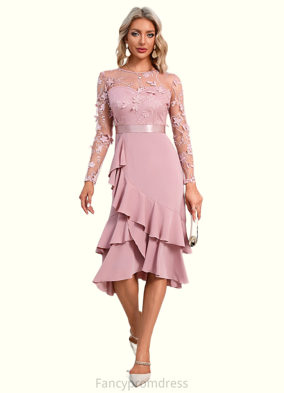 Mckayla Flower Cascading Ruffles Illusion Elegant A-line Jacquard Asymmetrical Dresses DRP0022393