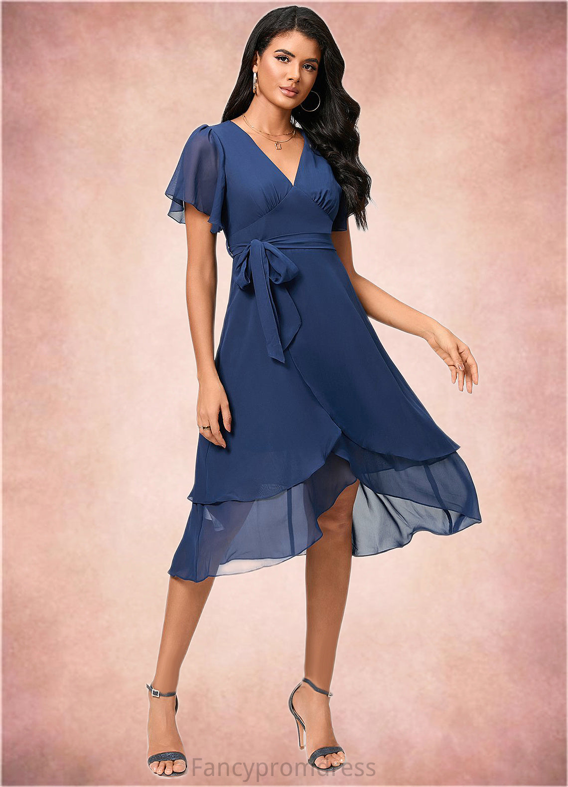 Zariah A-line V-Neck Asymmetrical Chiffon Cocktail Dress With Ruffle DRP0022398