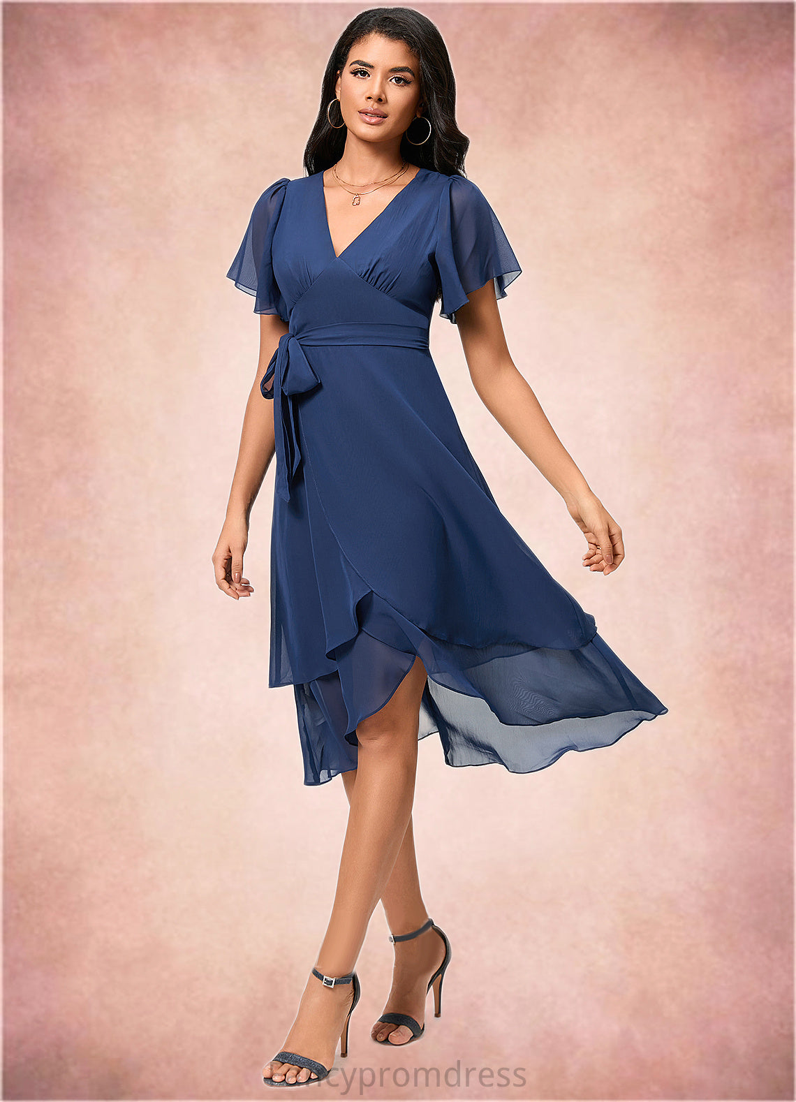 Zariah A-line V-Neck Asymmetrical Chiffon Cocktail Dress With Ruffle DRP0022398