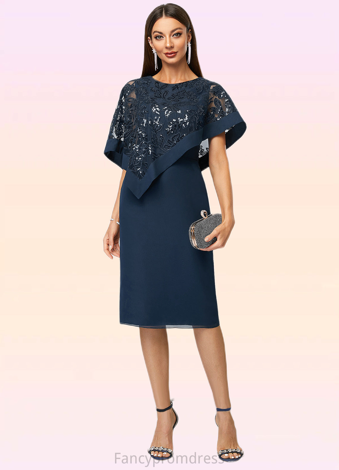 Reese Sheath/Column Scoop Knee-Length Chiffon Lace Cocktail Dress With Sequins DRP0022399