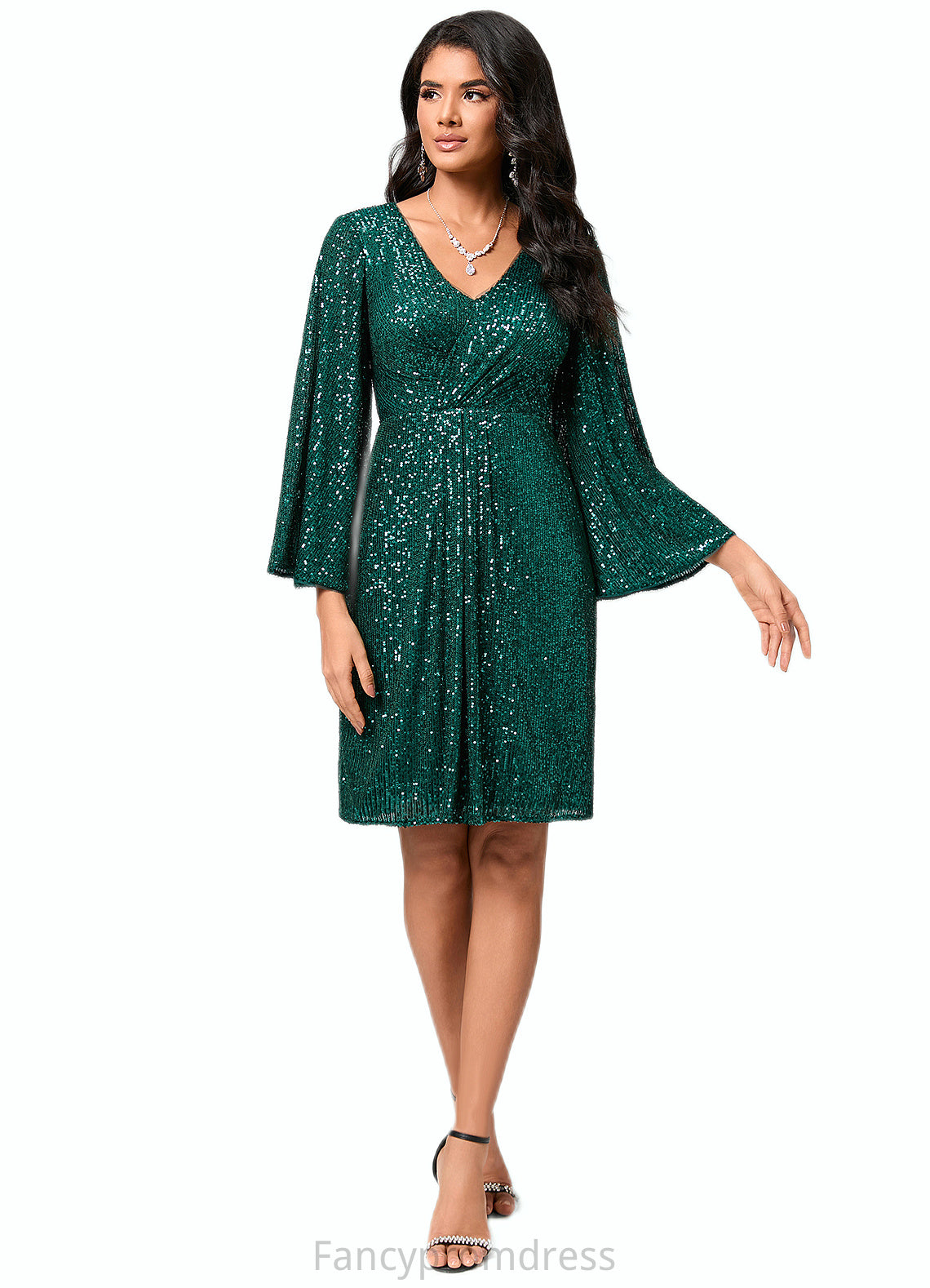 Katelynn Sheath/Column V-Neck Knee-Length Sequin Cocktail Dress With Ruffle DRP0022400