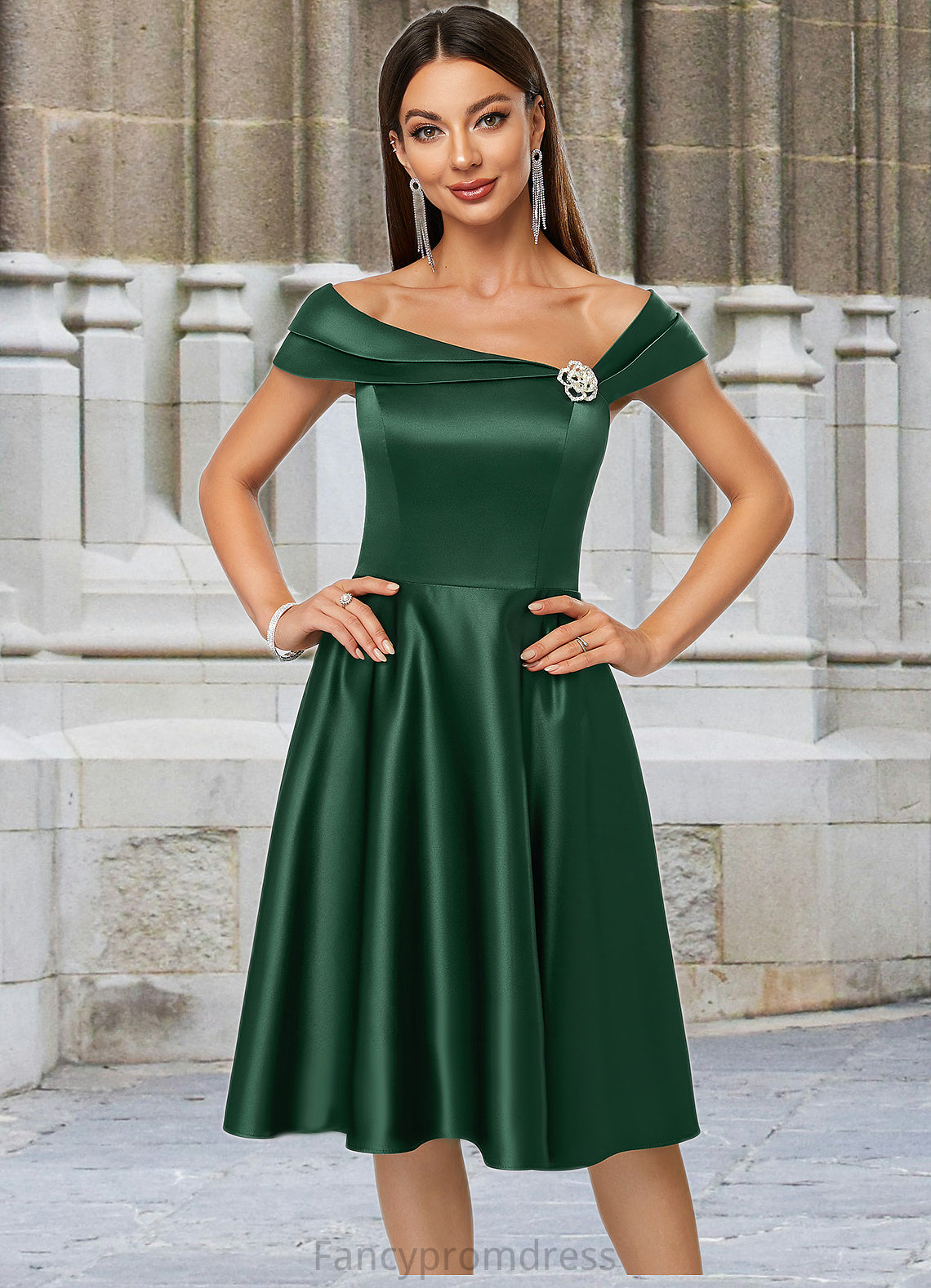 Moriah A-line Asymmetrical Knee-Length Satin Cocktail Dress With Rhinestone Crystal Brooch DRP0022407