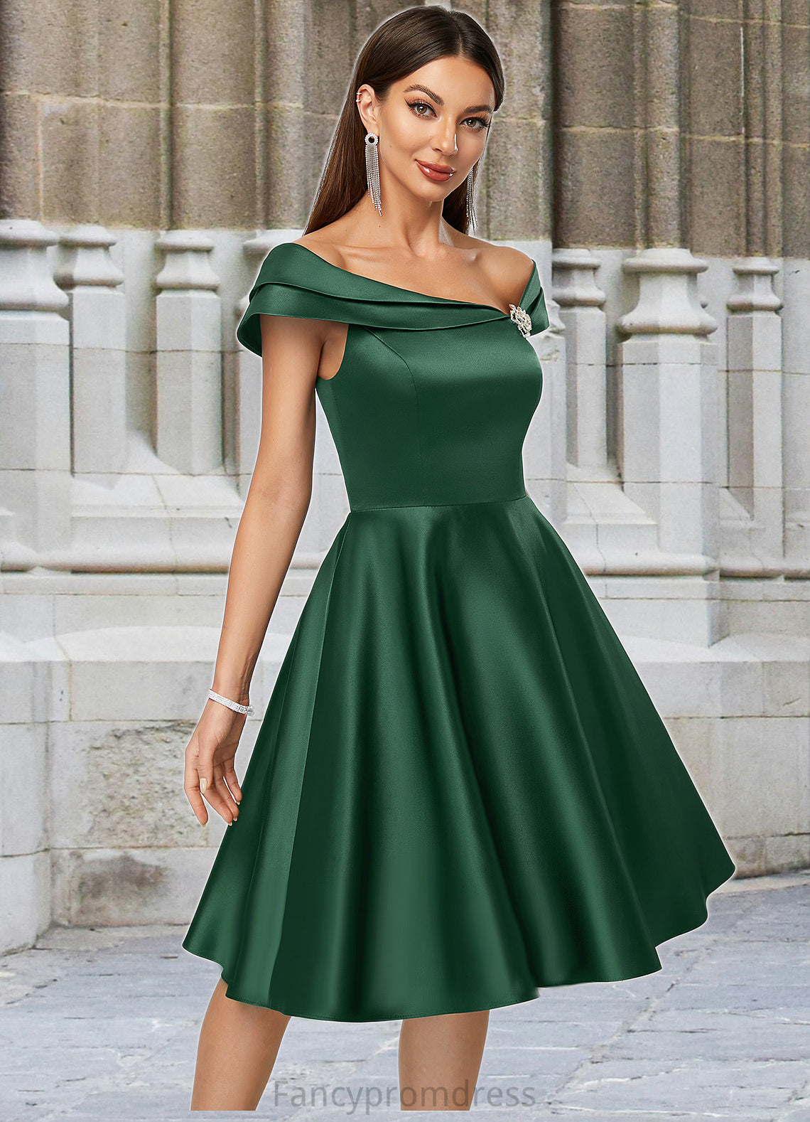 Moriah A-line Asymmetrical Knee-Length Satin Cocktail Dress With Rhinestone Crystal Brooch DRP0022407