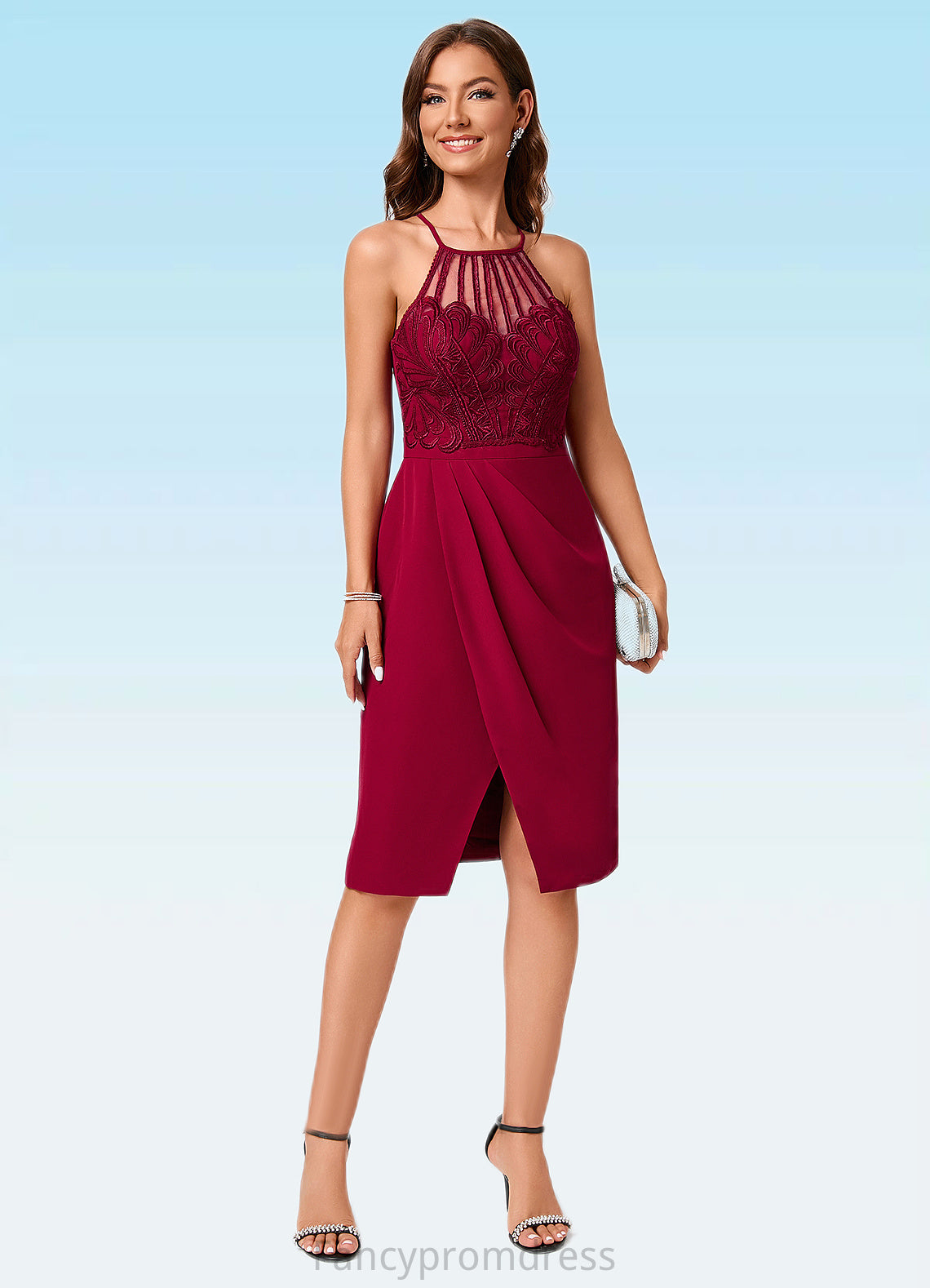 Rowan Sheath/Column V-Neck Knee-Length Chiffon Lace Cocktail Dress With Ruffle DRP0022421