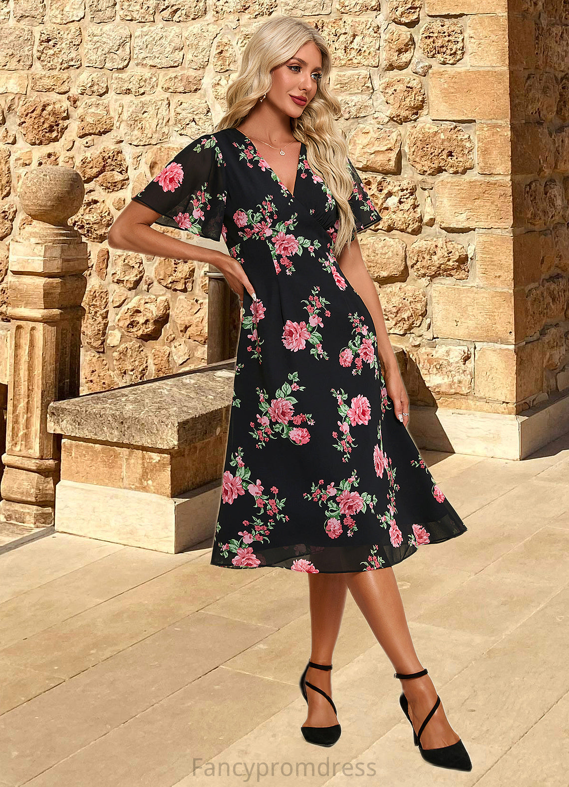 Amiyah Floral Print V-Neck Elegant A-line Chiffon Midi Dresses DRP0022424