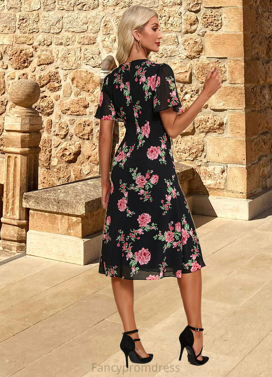 Amiyah Floral Print V-Neck Elegant A-line Chiffon Midi Dresses DRP0022424