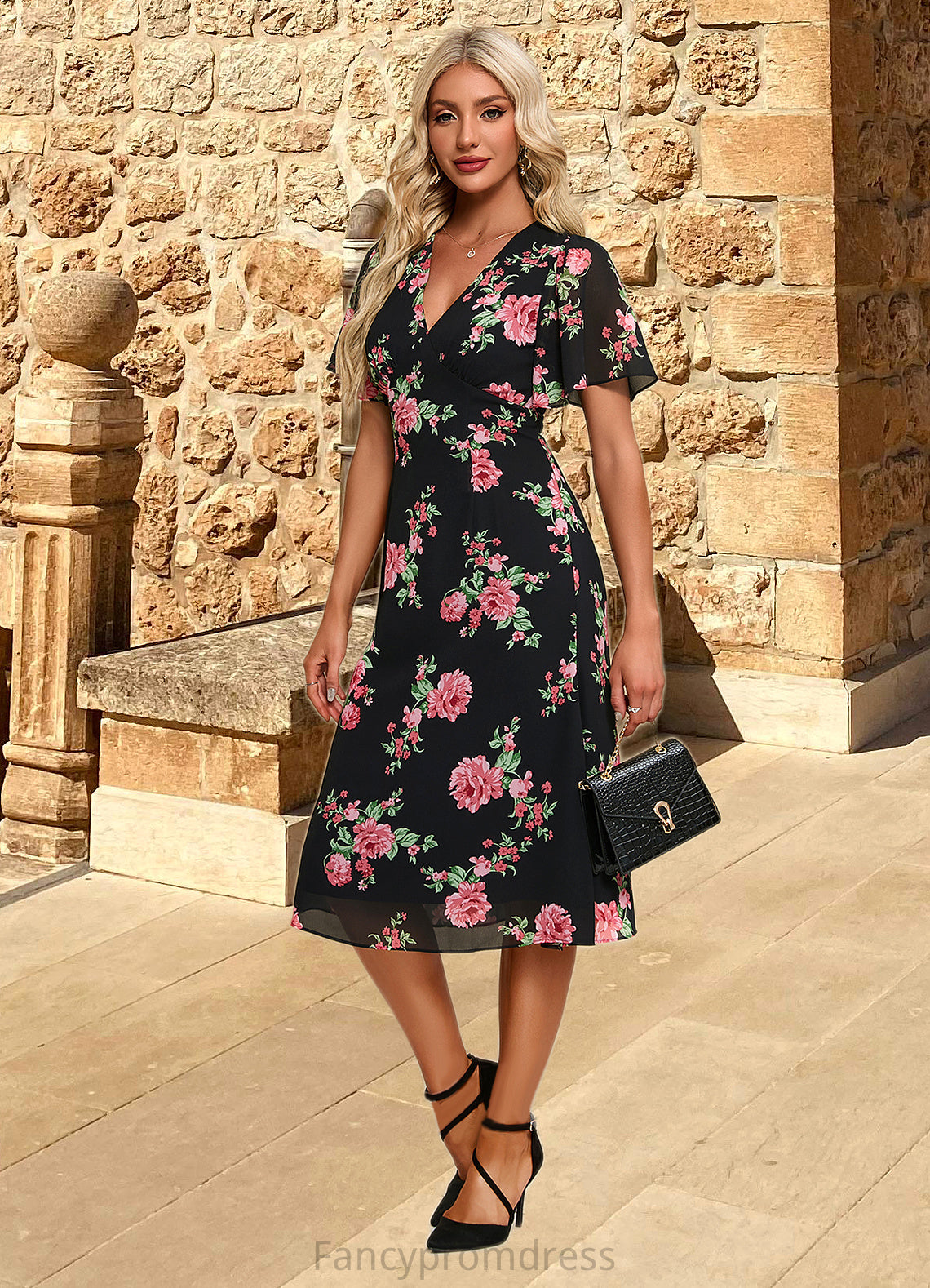 Amiyah Floral Print V-Neck Elegant A-line Chiffon Midi Dresses DRP0022424